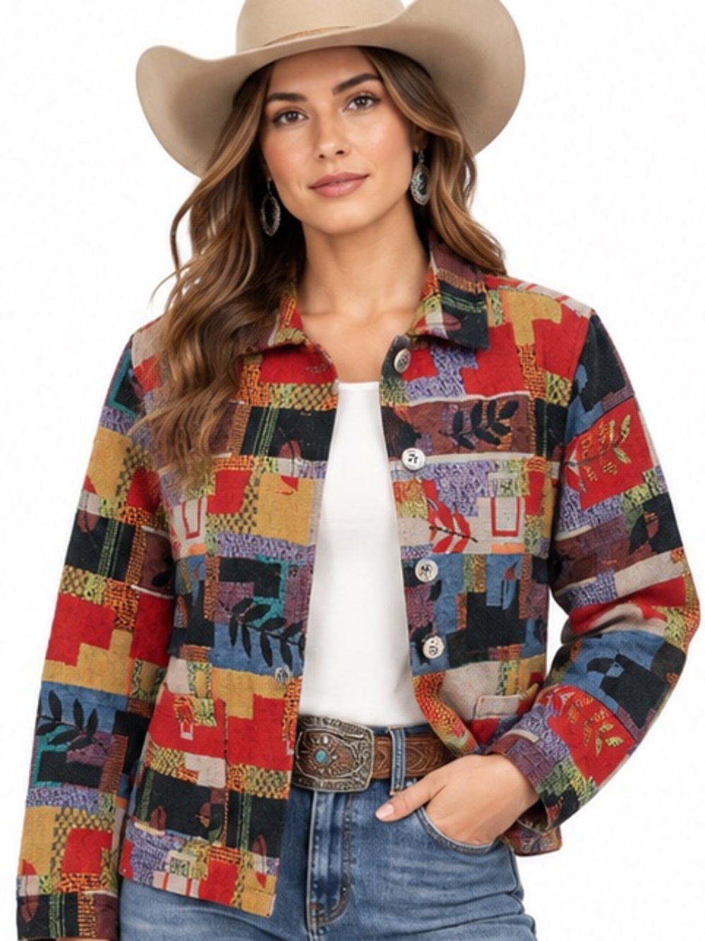 Vintage 90s Jane Ashley Western Tapestry Jacket Abstract Boho Woven Artsy Medium